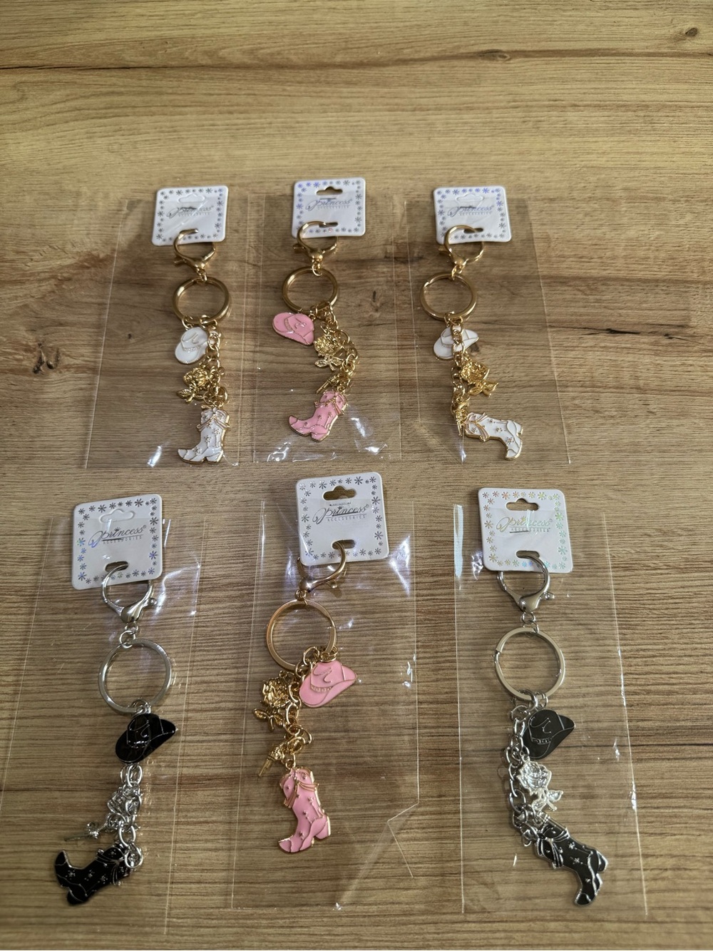 6 Western Cowgirl Charm Keychain - Pink, Black, and  White.
